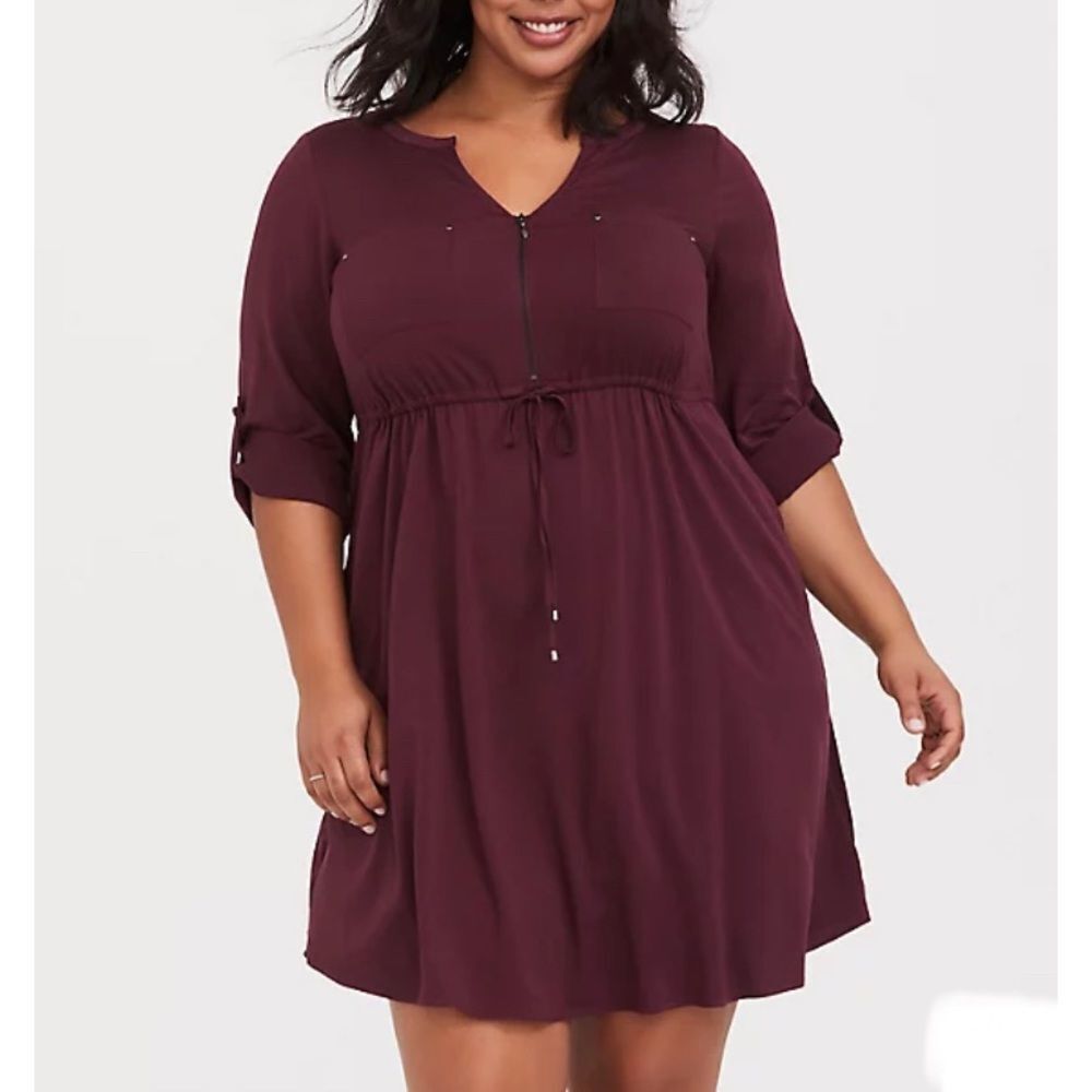 TORRID BURGUNDY PURPLE CHALLIS ZIP FRONT DRAWSTRING SHIRT DRESS